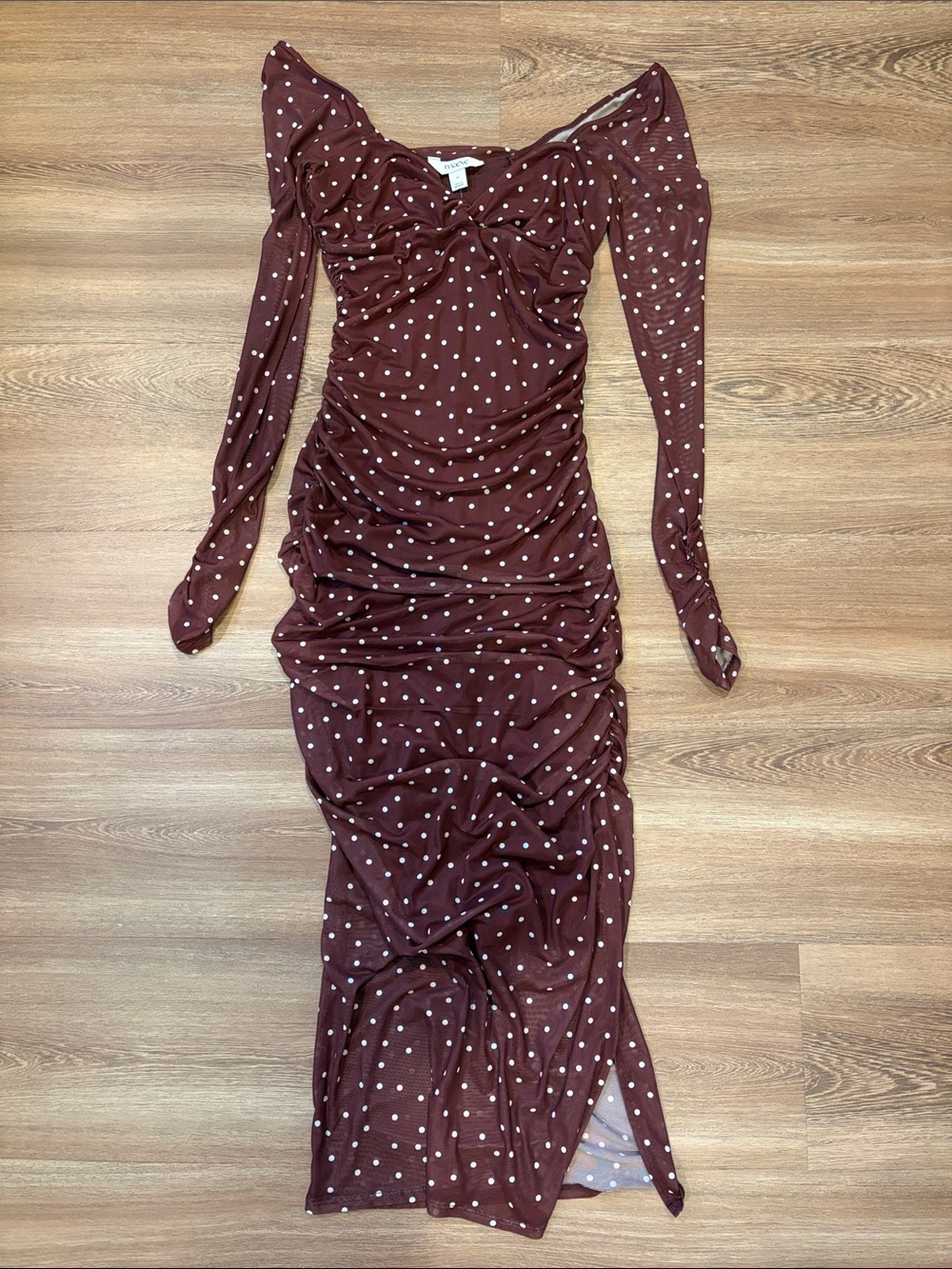 NWT Anthropologie Maeve Brown Polka Dot Ruched Mesh Midi Dress Size XS